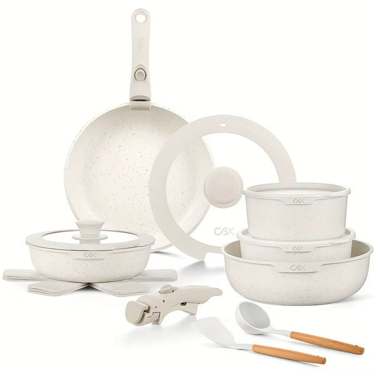 17 Piece Nonstick Skillet and Saucepan Set with Silicone Lid and Utensils Induction, Detachable Handle, Oven Available, Beige